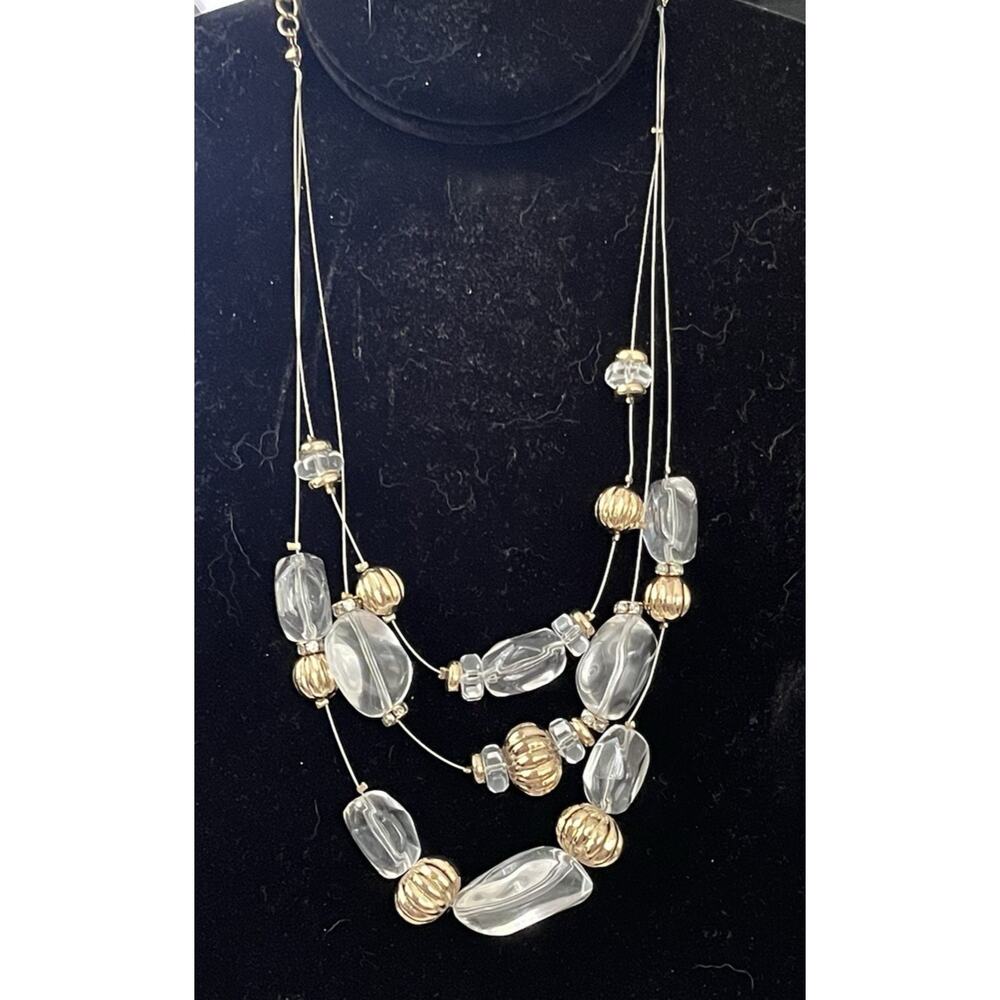 Chico's Clear Illusion 3-Strand Station Beaded Layered Necklace Gold Tone 16-20"